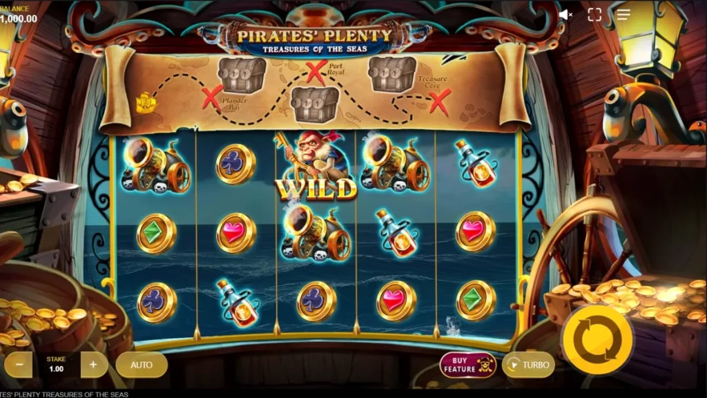 Kapal bajak laut dan harta karun dalam slot Pirates’ Plenty: Treasures of the Seas