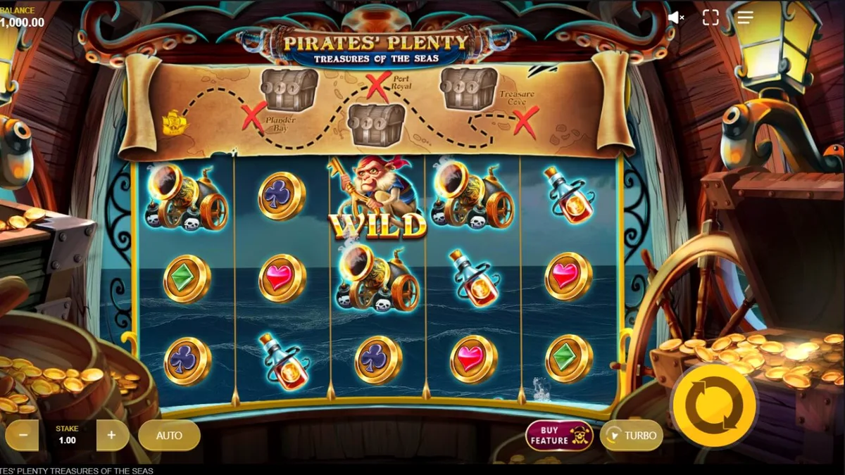 Kapal bajak laut dan harta karun dalam slot Pirates’ Plenty: Treasures of the Seas